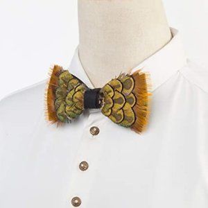 Mens Natural Feather Pre Tied Bowtie Yellow